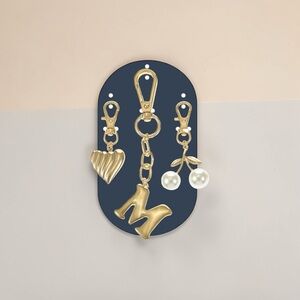 Goldtone  Initial M Bag Charm Set with Heart and Pearl Cherry Charms NWT